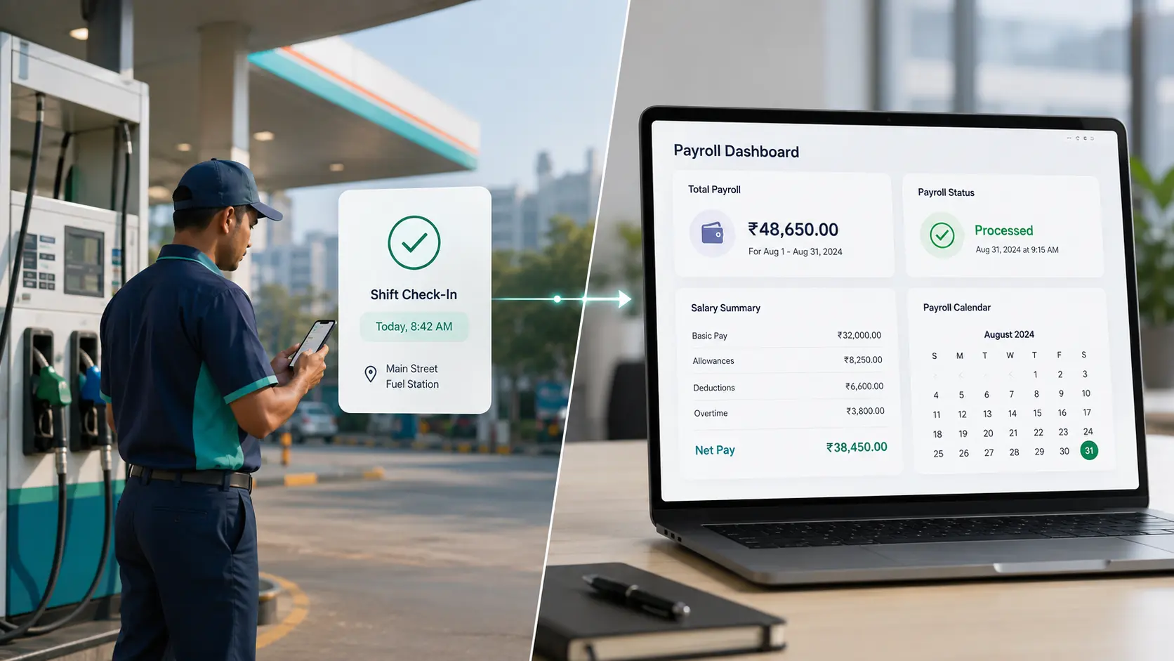 Diagram showing petrol pump attendance data flowing into automated payroll calculation